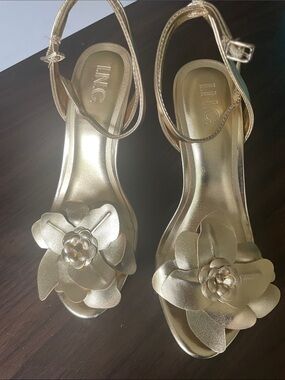 INC International Concepts Metallic Gold Floral Ankle-Strap Heels